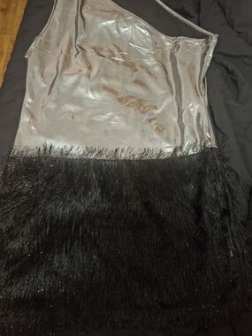 Silver Metallic One-Shoulder Dress with Black Feather Trim